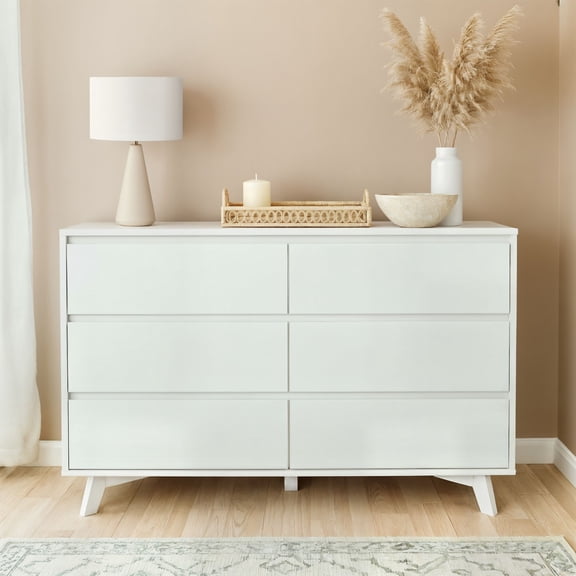 Plank Beam Solid Wood Scandinavian 6-Drawer Dresser, White