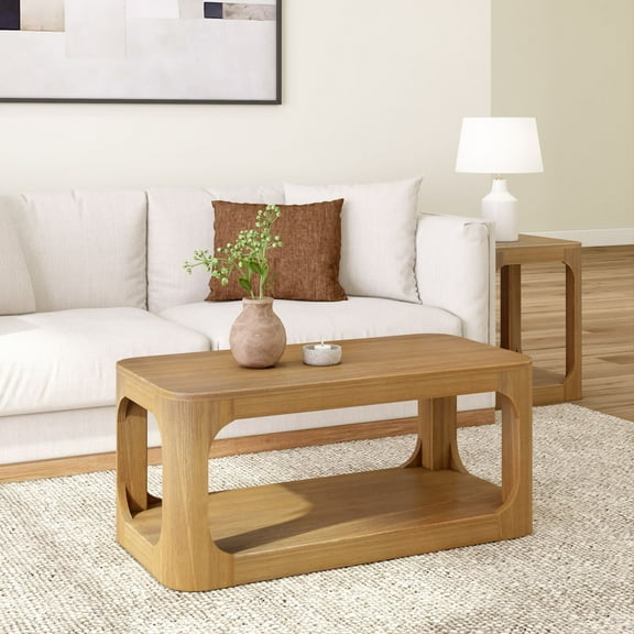 Plank+Beam Solid Wood 40" Modern Rectangular Coffee Table with Storage Shelf, Pecan