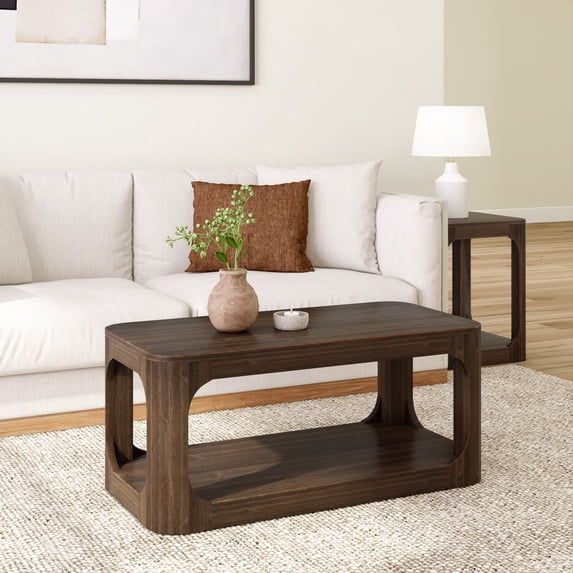 Plank+Beam Solid Wood 40" Modern Rectangular Coffee Table with Storage Shelf, Walnut