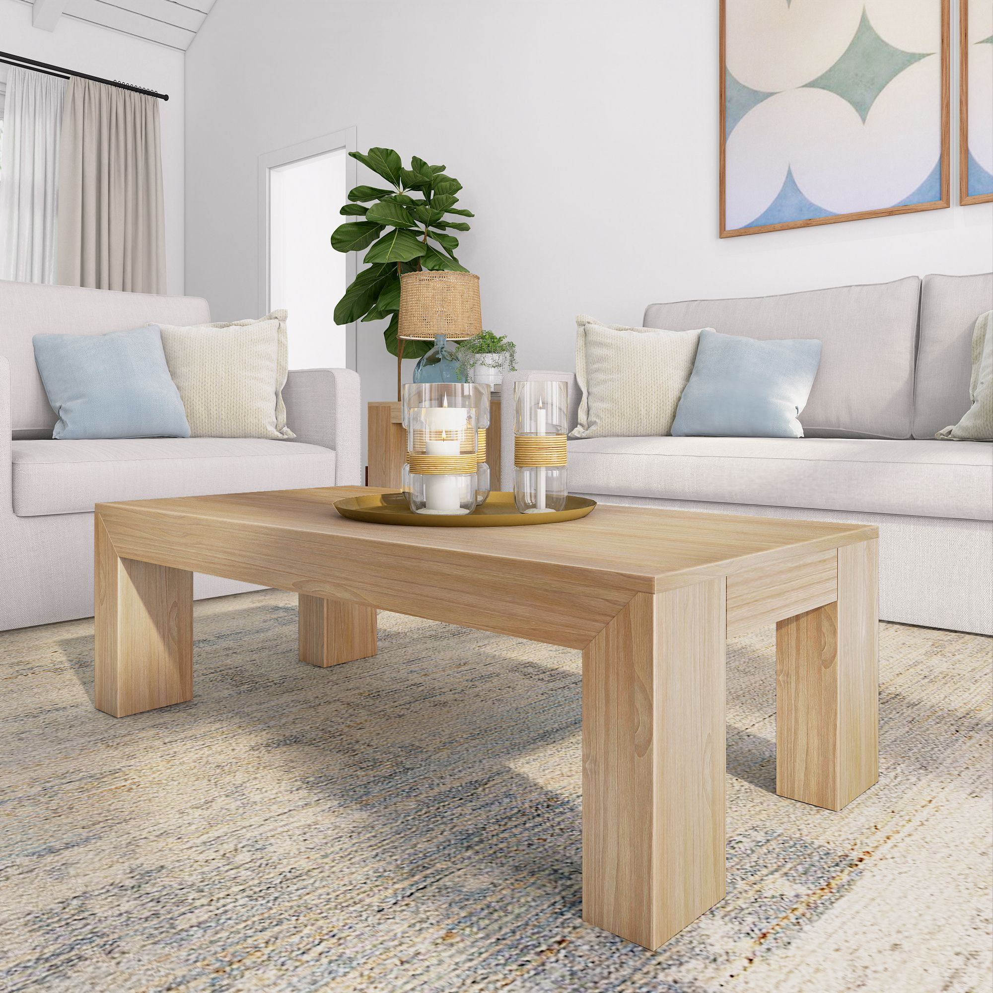 Blonde Wirebrush Solid Pine Rectangular Coffee Table, 48"