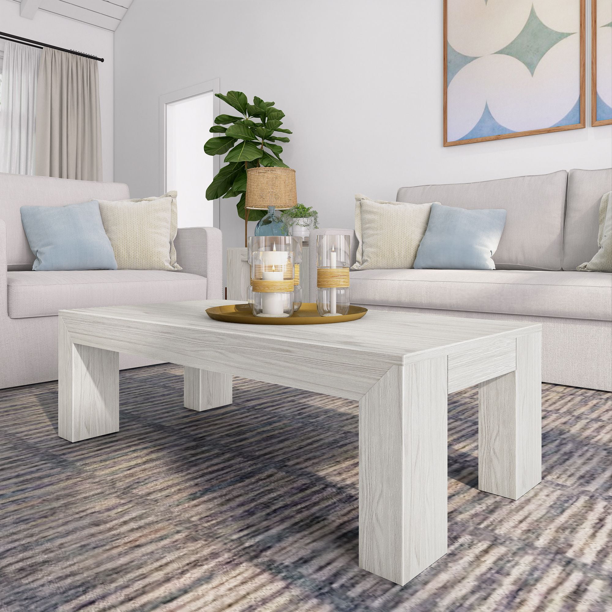 White Sand Wirebrush Solid Pine Rectangular Coffee Table, 48"