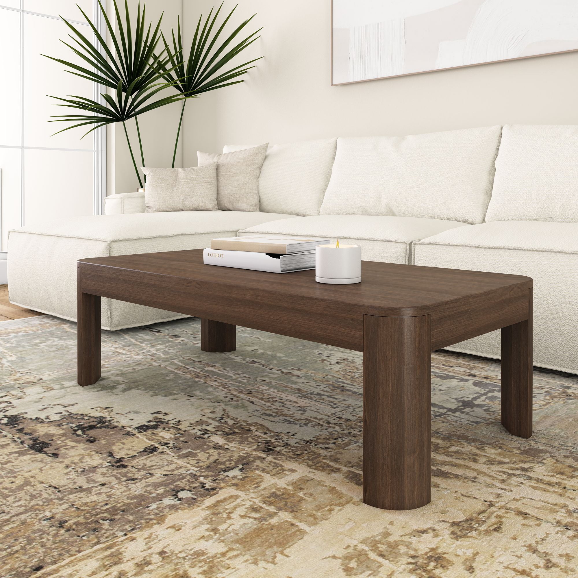 Walnut 48" Rectangular Pine Wood Coffee Table