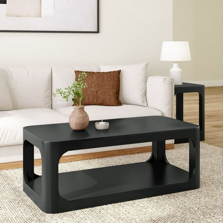 Plank Beam Solid Wood 48" Modern Rectangular Coffee Table with Storage Shelf, Black