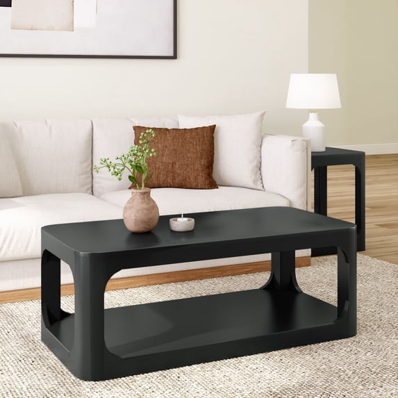 Plank+Beam Solid Wood 48" Modern Rectangular Coffee Table with Storage Shelf, Black