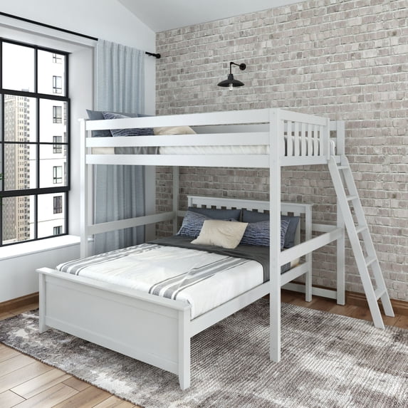 Plank+Beam Solid Wood Bunk Bed, L Shaped Full-Over-Full Bed Frame with Ladder on End, White