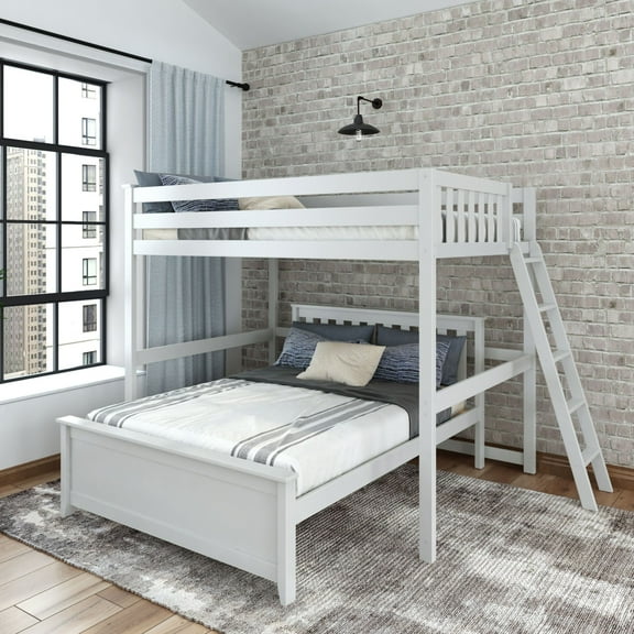 Plank+Beam Solid Wood Bunk Bed, L Shaped Full-Over-Queen Bed Frame with Ladder on End, White