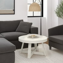 Plank Beam Solid Wood Classic Round Coffee Table, 30" Farmhouse Coffee Table, White Sand Wirebrush