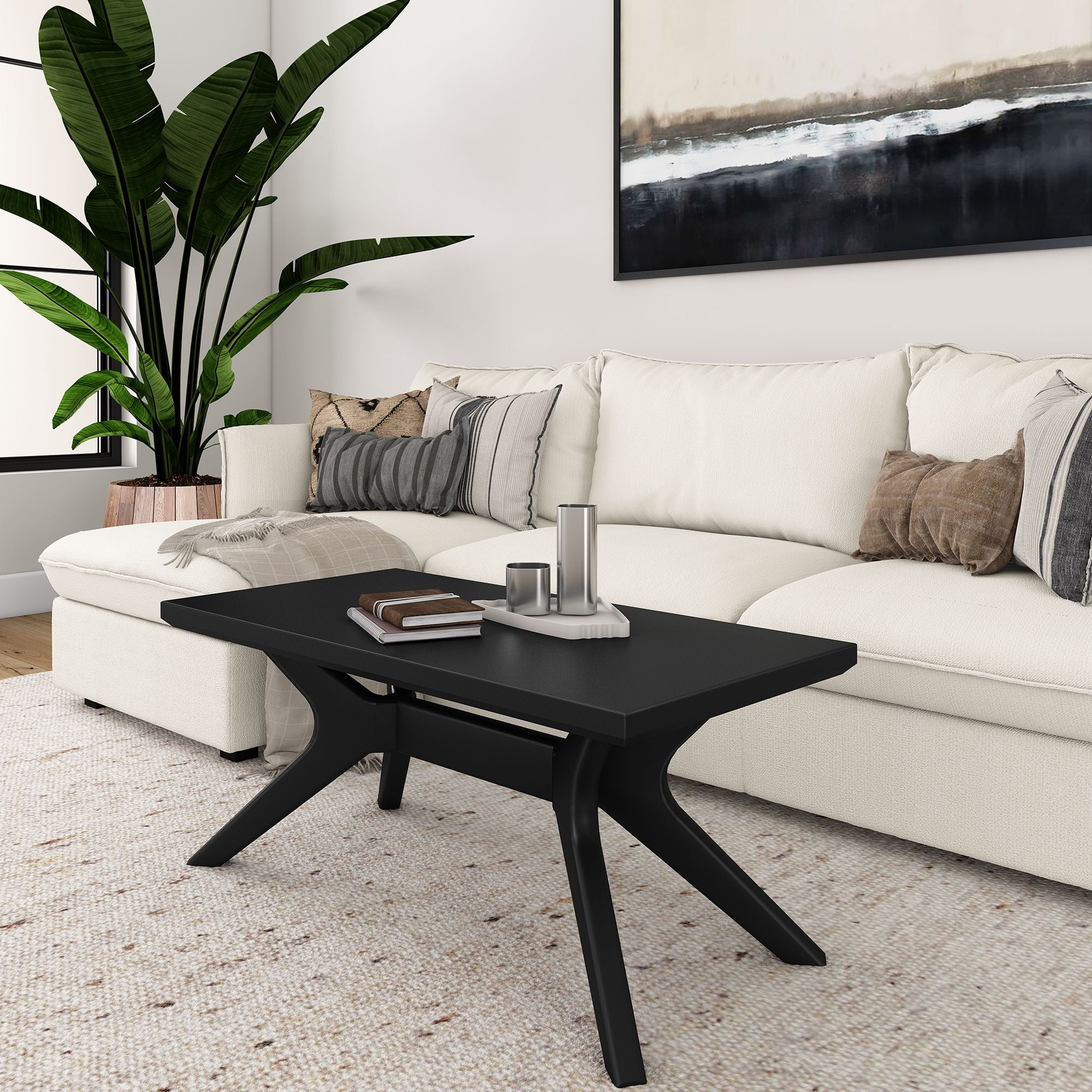 Verso Black Rectangular Wood Coffee Table with Cross Legs