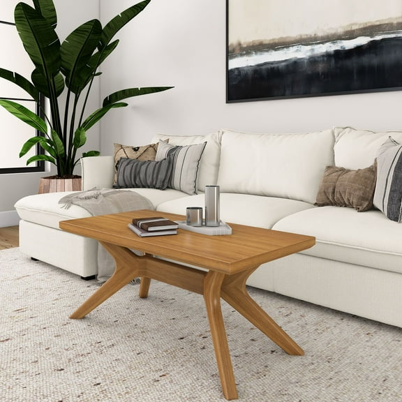 Plank+Beam Solid Wood Cross Leg Rectangular Coffee Table, 40" Coffee Table for Living Room. Pecan