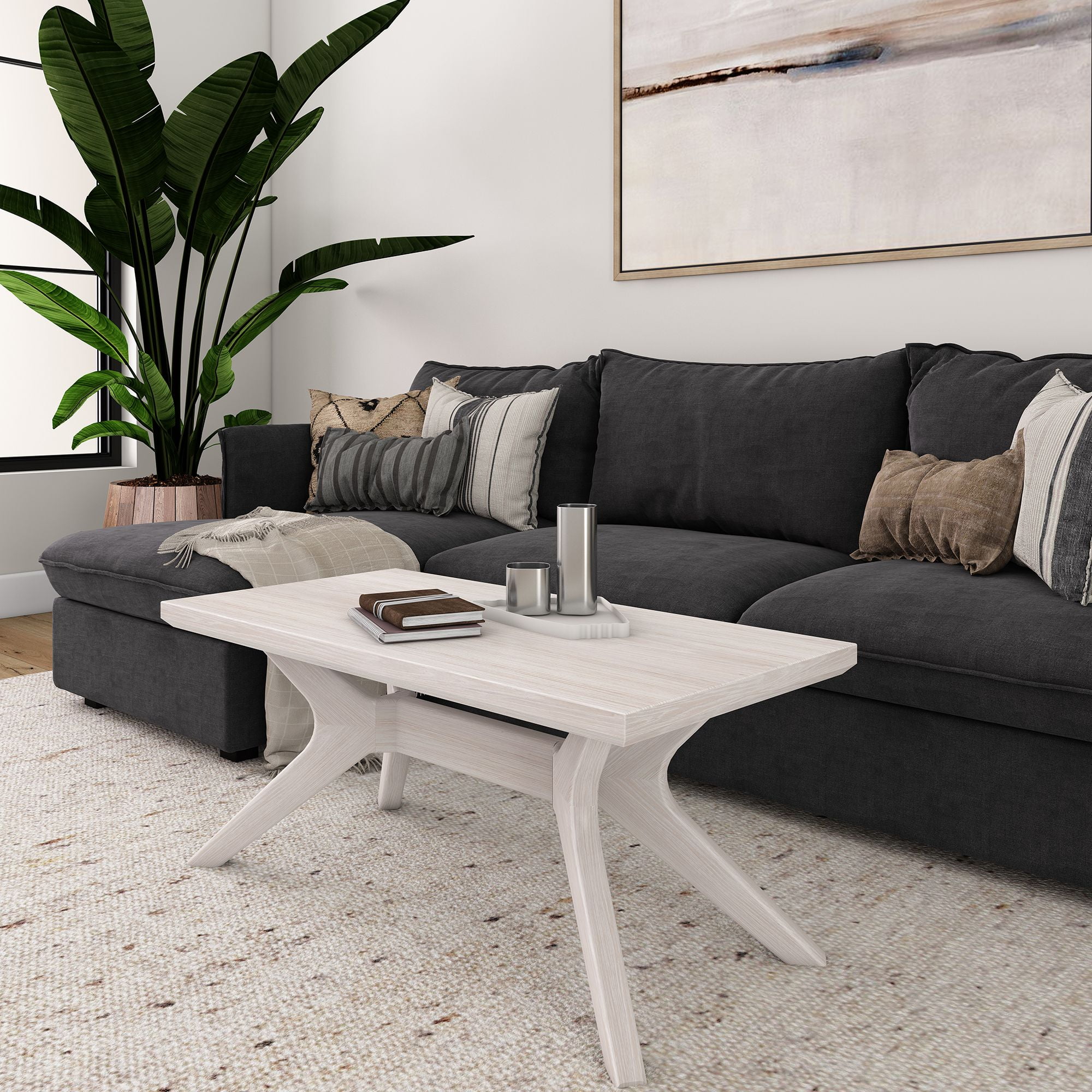 White Sand Solid Wood Cross Leg Rectangular Coffee Table, 40 Inch