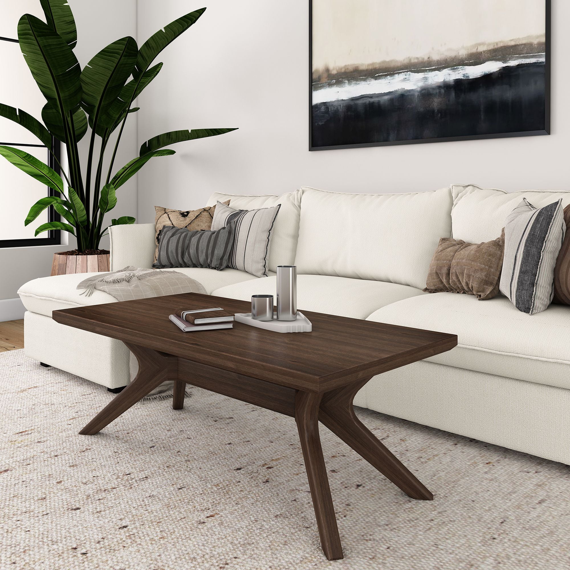 Walnut Brown Solid Wood Rectangular Coffee Table with Cross Legs