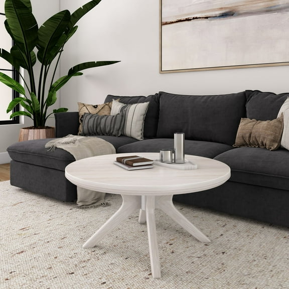 Plank+Beam Solid Wood Cross Leg Round Coffee Table, 36" Coffee Table for Living Room, White Sand