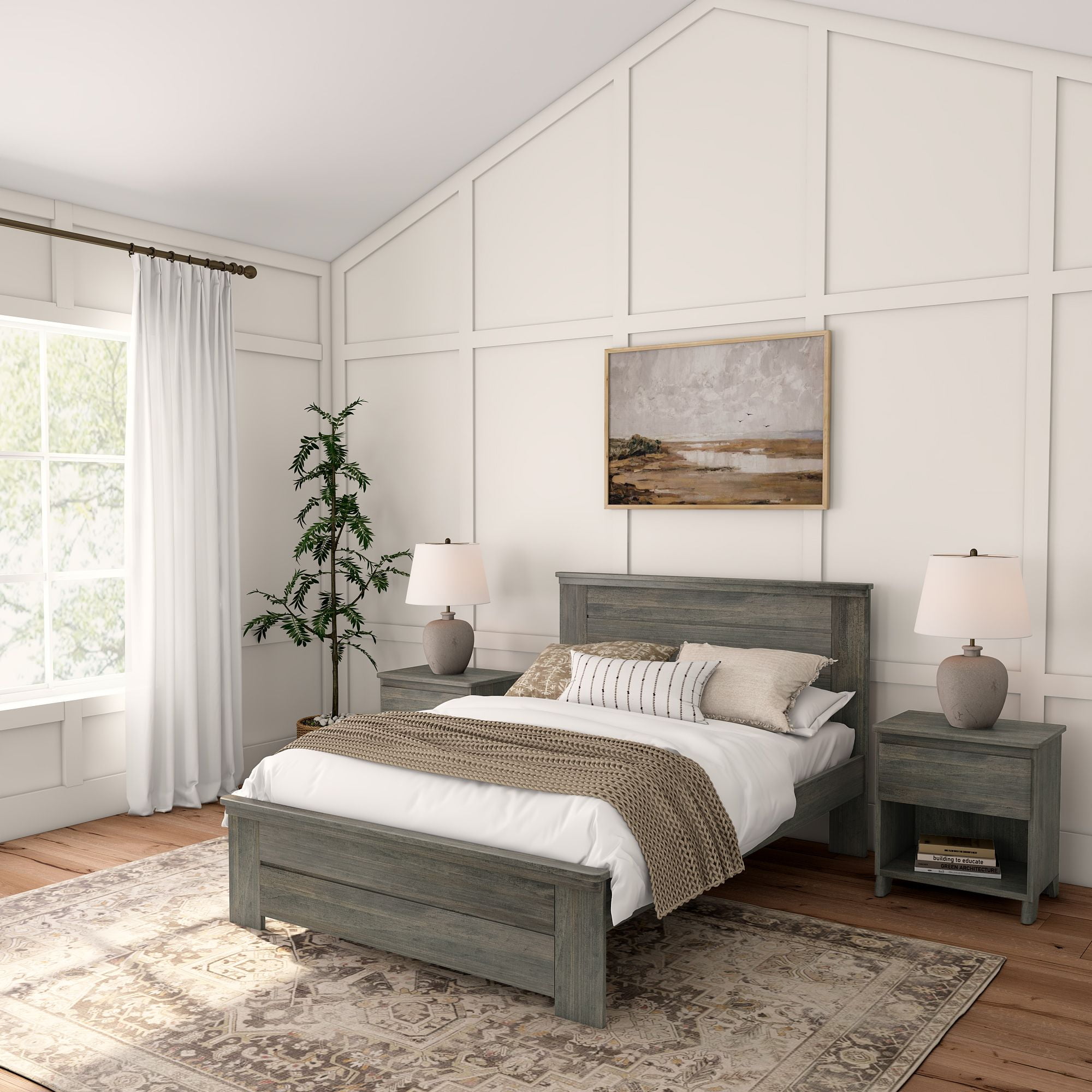 Rustic Driftwood Pine Full Bed Frame with Headboard and Drawer
