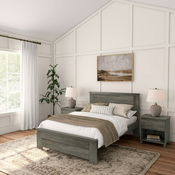 Plank Beam Farmhouse Full Size Bed Frame with Headboard, Solid Wood Platform Bed