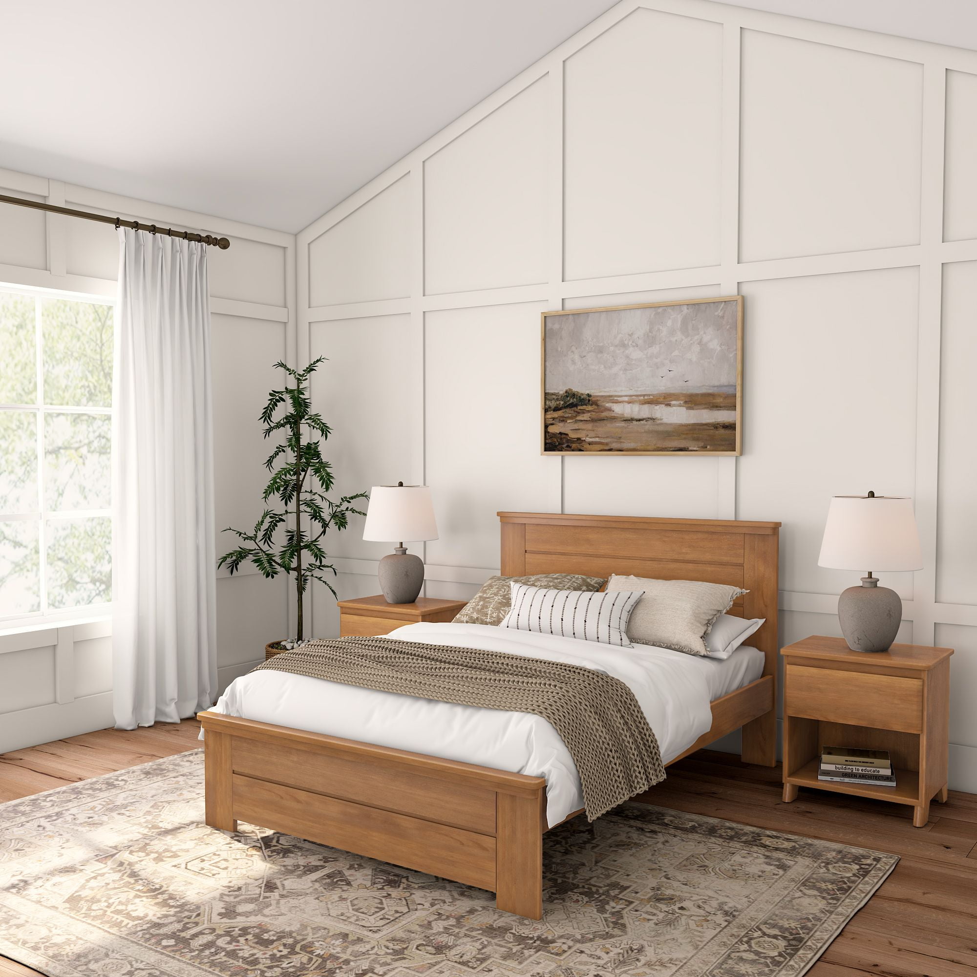 Pecan Pine Full Bed Frame with Solid Wood Headboard