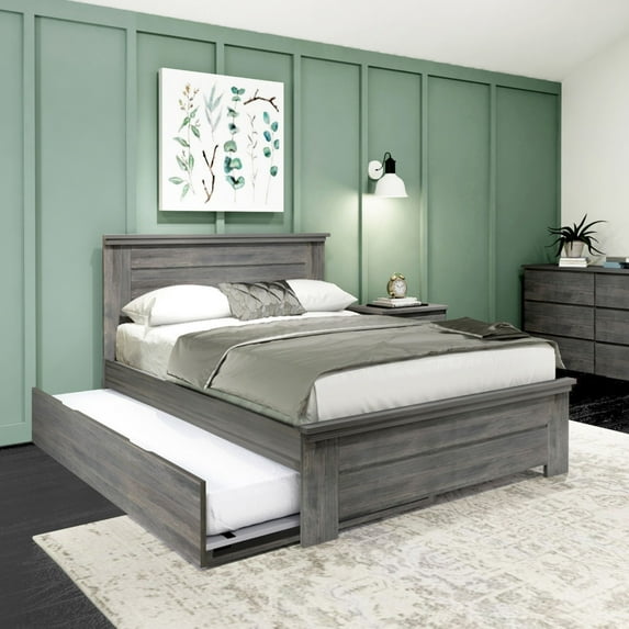 Plank+Beam Solid Wood Farmhouse Full Bed with Panel Headboard with Trundle, Driftwood