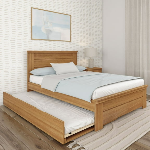 Plank+Beam Solid Wood Farmhouse Full Bed with Panel Headboard with Trundle, Pecan