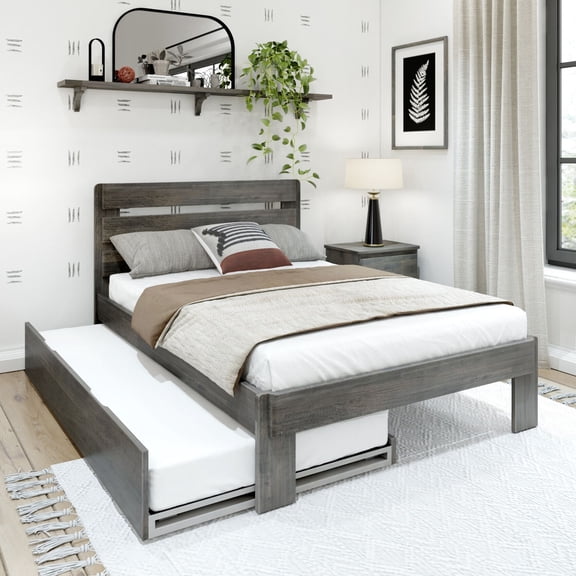 Plank+Beam Solid Wood Farmhouse Full Bed with Plank Headboard and Trundle, Driftwood