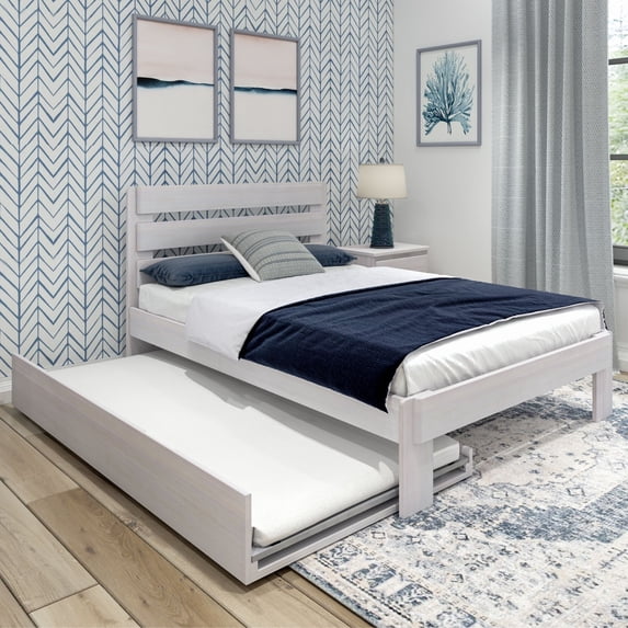 Plank+Beam Solid Wood Farmhouse Full Bed with Plank Headboard and Trundle, White Wash