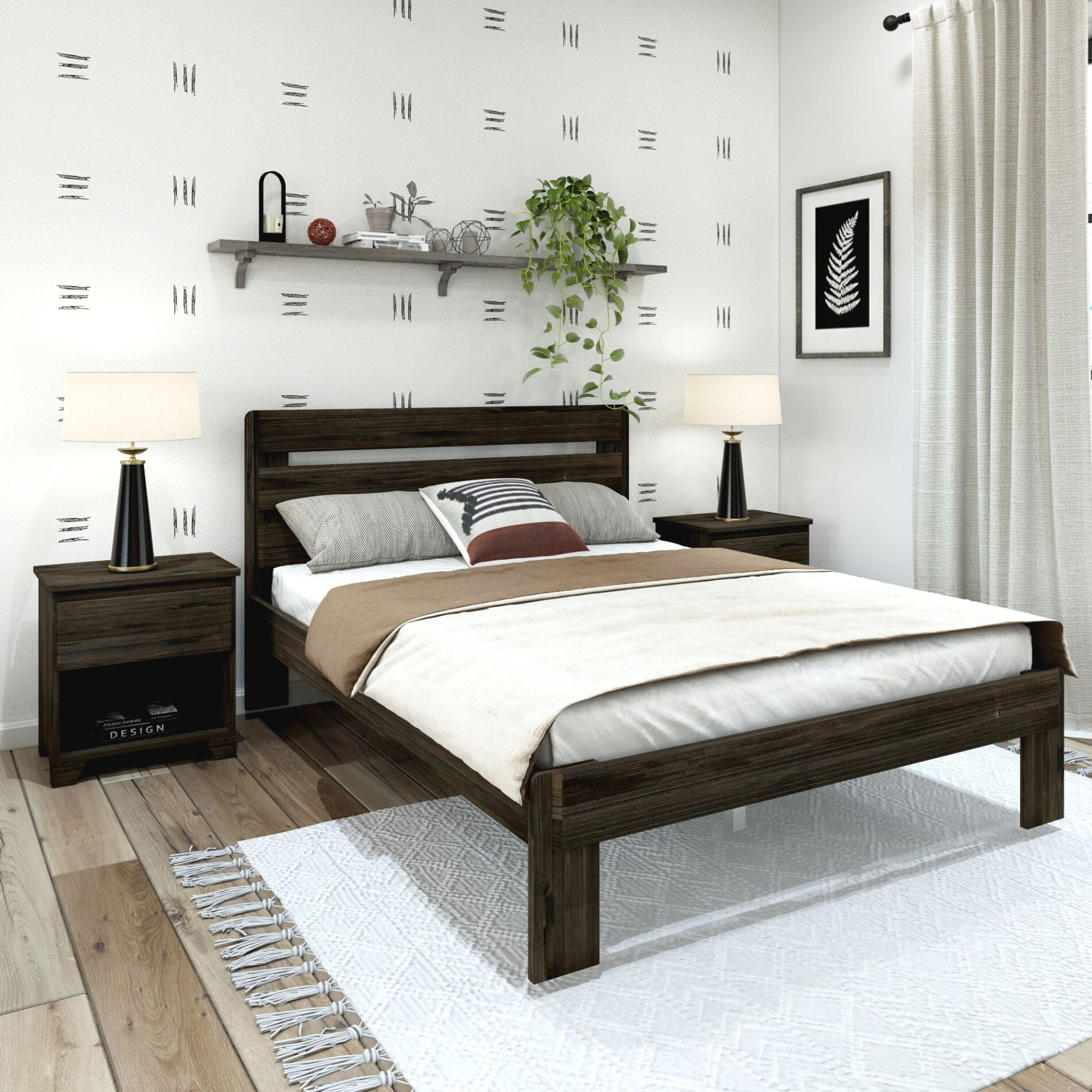 Pim Solid Wood Platform Queen Bed, Plank Panel Headboard, Brushed Gray main image 1