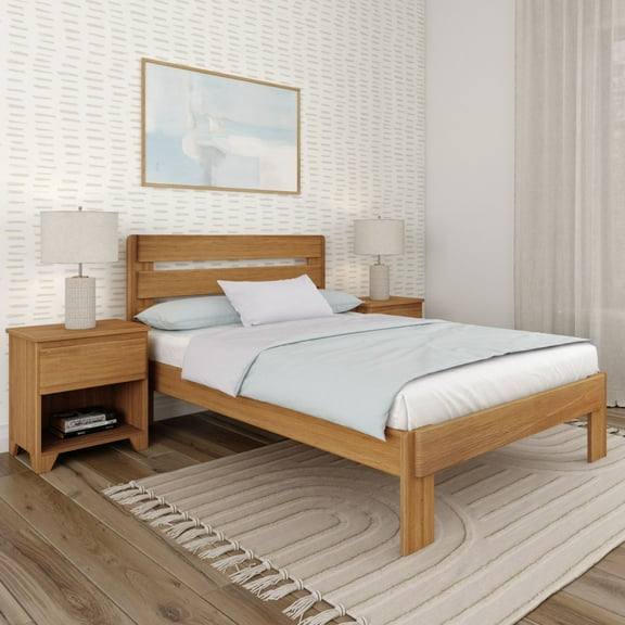 Plank Beam Farmhouse Queen Bed with Plank Headboard, Solid Wood Platform Bed