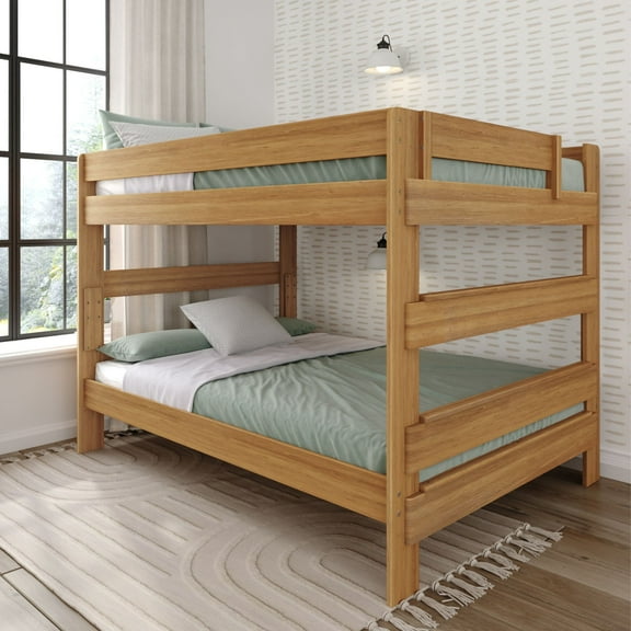 Plank Beam Solid Wood Farmhouse Queen over Queen Bunk Bed Bed for Adults, Matte Pecan