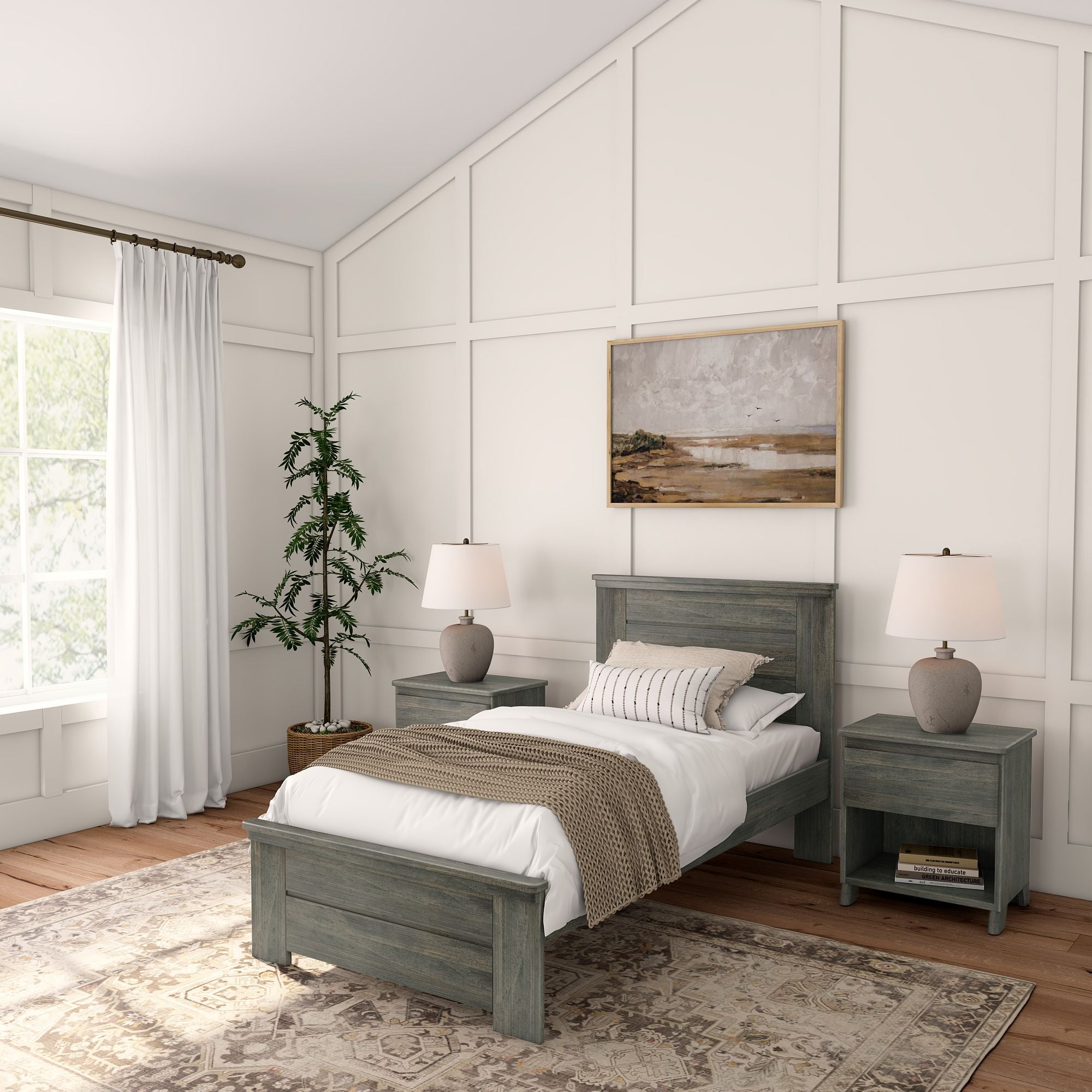 Driftwood Pine Twin Platform Bed Frame with Solid Headboard and Drawer