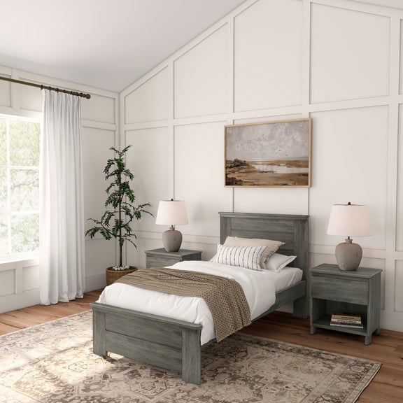 Plank+Beam Farmhouse Twin Bed Frame with Headboard, Solid Wood Platform Bed, Driftwood