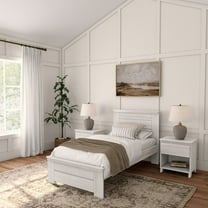 Plank Beam Farmhouse Twin Bed Frame with Headboard, Solid Wood Platform Bed, White Wash