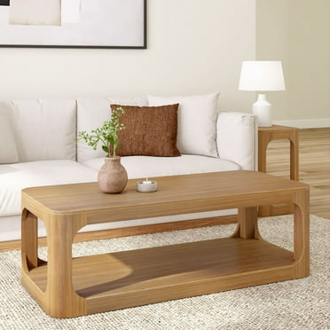Plank Beam Solid Wood Forma Coffee Table, 54" Modern Coffee Table with Storage Shelf, Pecan