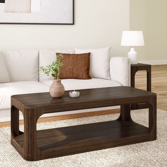 Plank+Beam Solid Wood Forma Coffee Table, 54" Modern Coffee Table with Storage Shelf, Walnut