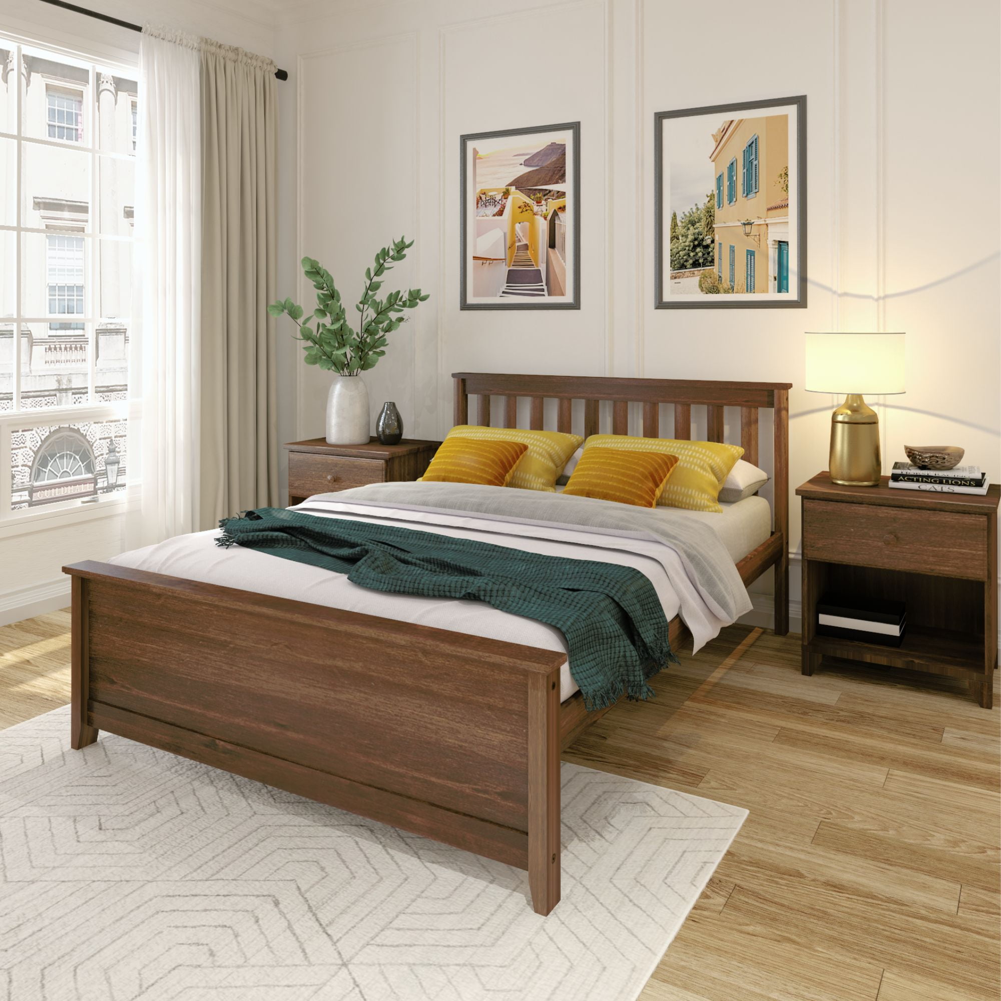 Walnut Pine Full Size Platform Bed Frame with Headboard and Slats