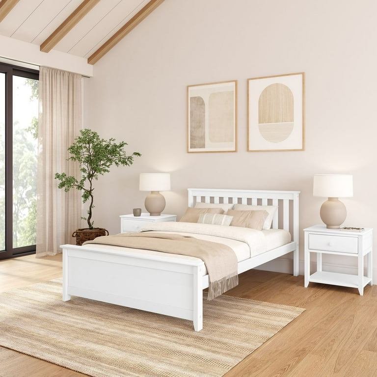 Plank Beam Solid Wood Full Bed Frame with Headboard Classic Full Size Adults Platform Bed