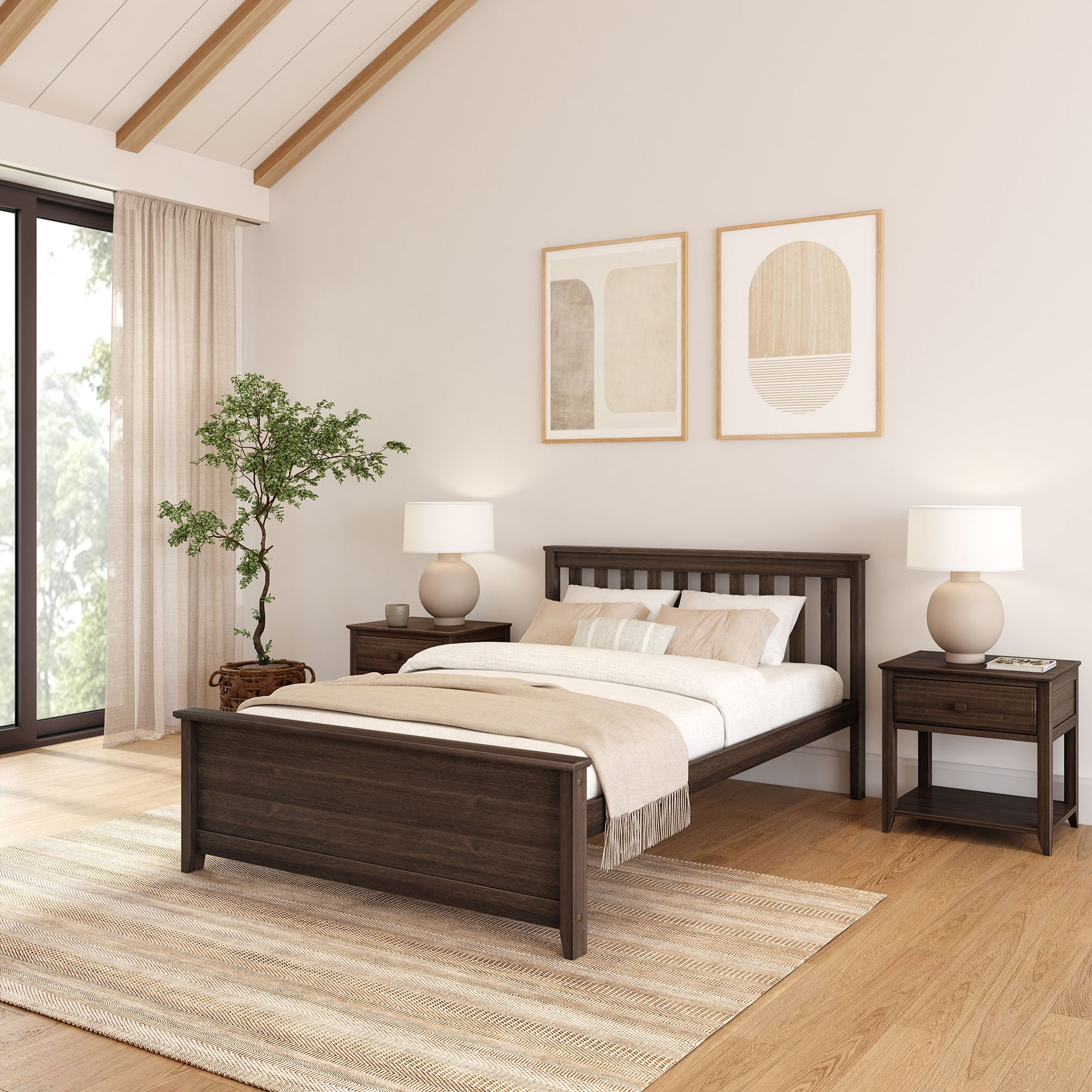 Walnut Pine Full Size Platform Bed Frame with Headboard and Slats