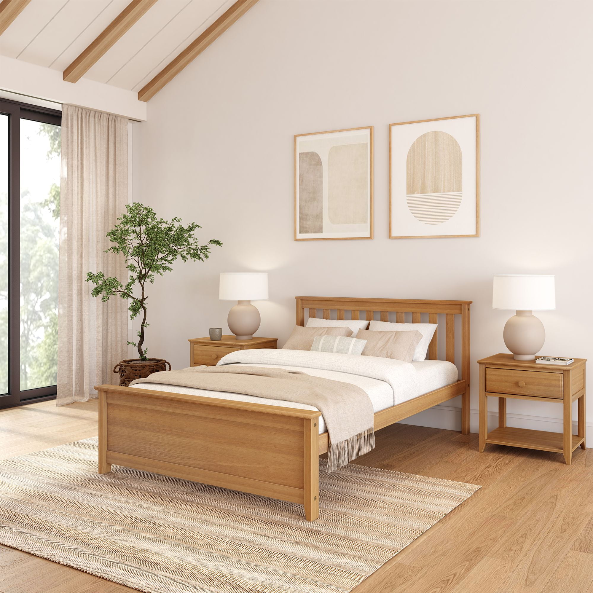 Pecan Pine Full Platform Bed with Slatted Headboard