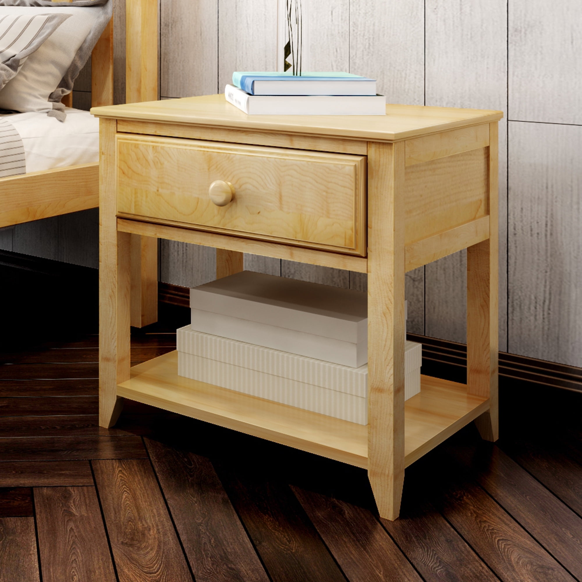 Natural Pine Wood Nightstand with Drawer and Shelf