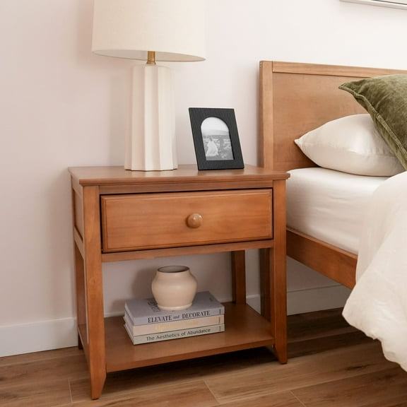 Plank Beam Solid Wood Nightstand with Drawer and Shelf