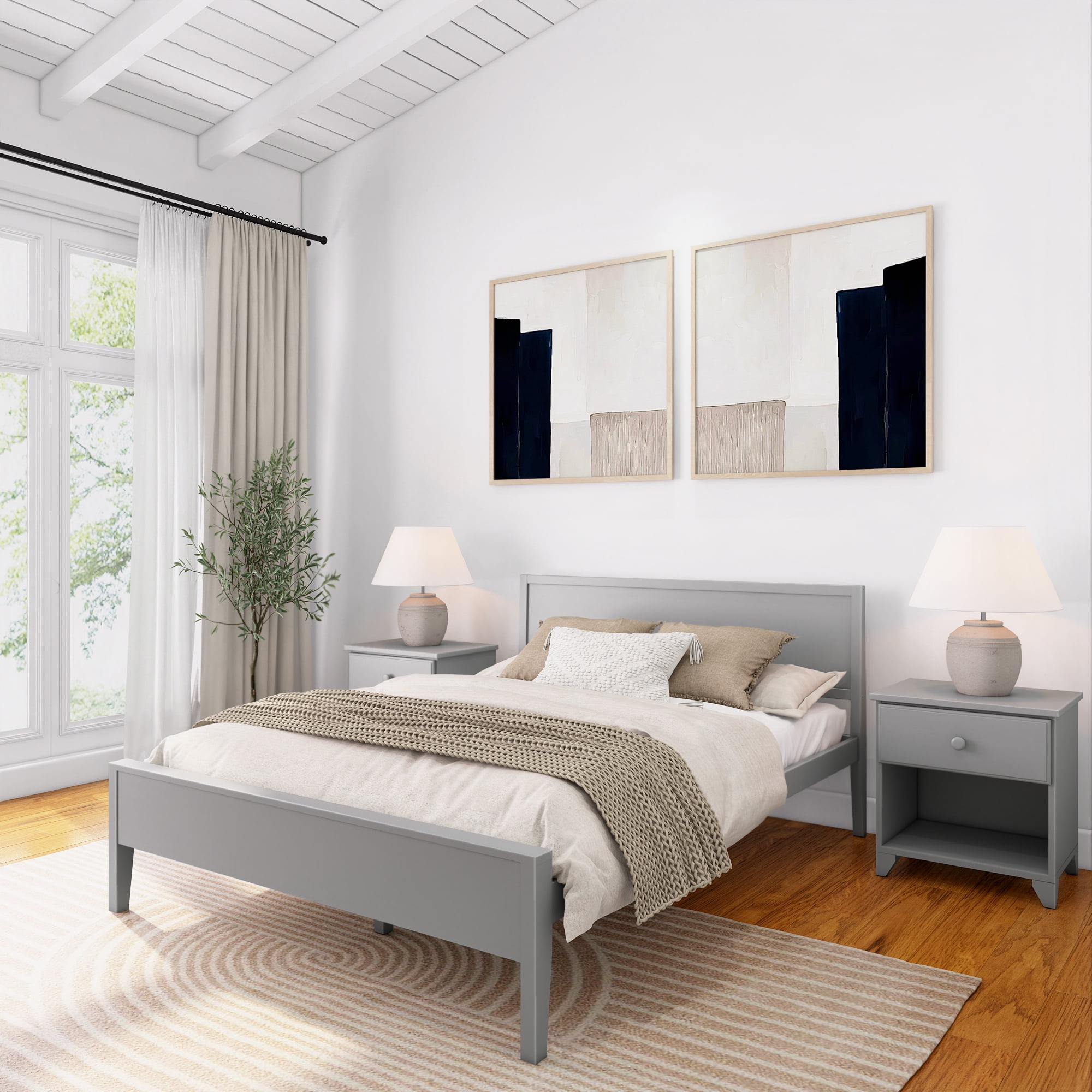 Modern Grey Pine Wood Queen Bed Frame with Panel Headboard