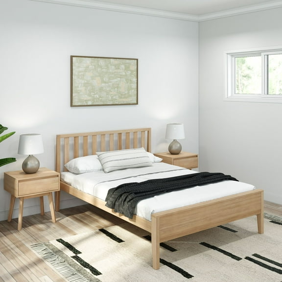 Plank Beam Scandinavian Full Size Bed Frame with Headboard, Solid Wood  Platform Bed for Adults