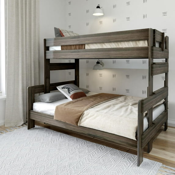 Plank+Beam Solid Wood Farmhouse Twin over Full Bunk Bed, Barnwood Brown