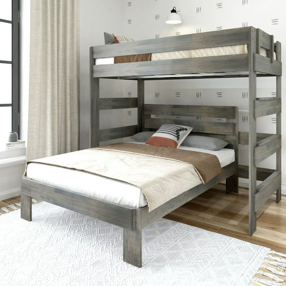 Plank+Beam Solid Wood Farmhouse Twin over Full L-Shaped Bunk Bed for Adults, Driftwood