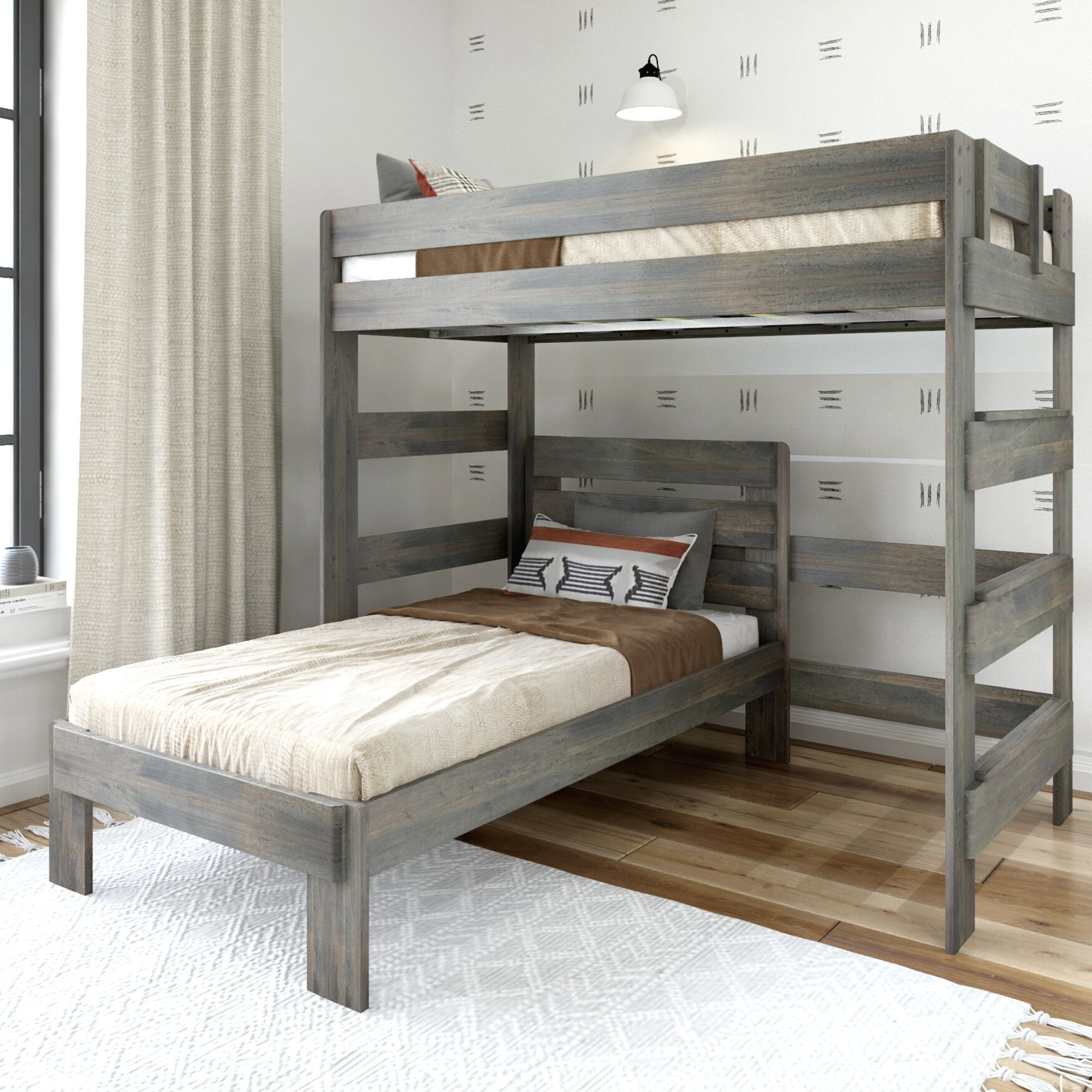 Plank+Beam Solid Wood Twin over Twin LShaped Bunk Bed for Adults