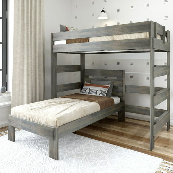 Plank Beam Solid Wood Farmhouse Twin over Twin L-Shaped Bunk Bed for Adults, Driftwood