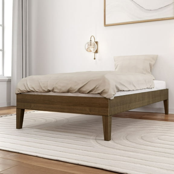 Plank+Beam Twin Bed Frame, Solid Wood Adults Platform Bed with Wooden Slats, Matte Walnut