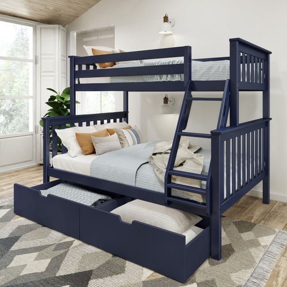 Plank+Beam Solid Wood Twin over Full Bunk Bed with Storage Drawers for Adults/Kids, Blue