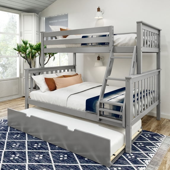 Plank+Beam Solid Wood Twin over Full Bunk Bed with Storage Trundle for Adults/Kids, Grey