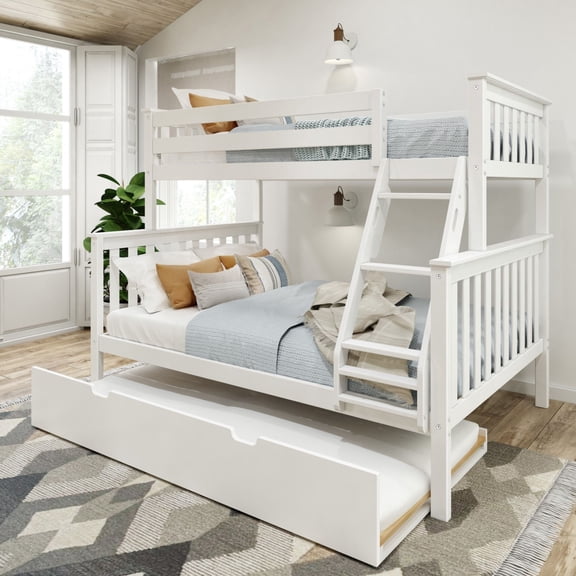 Plank Beam Solid Wood Twin over Full Bunk Bed with Storage Trundle for Adults/Kids, White