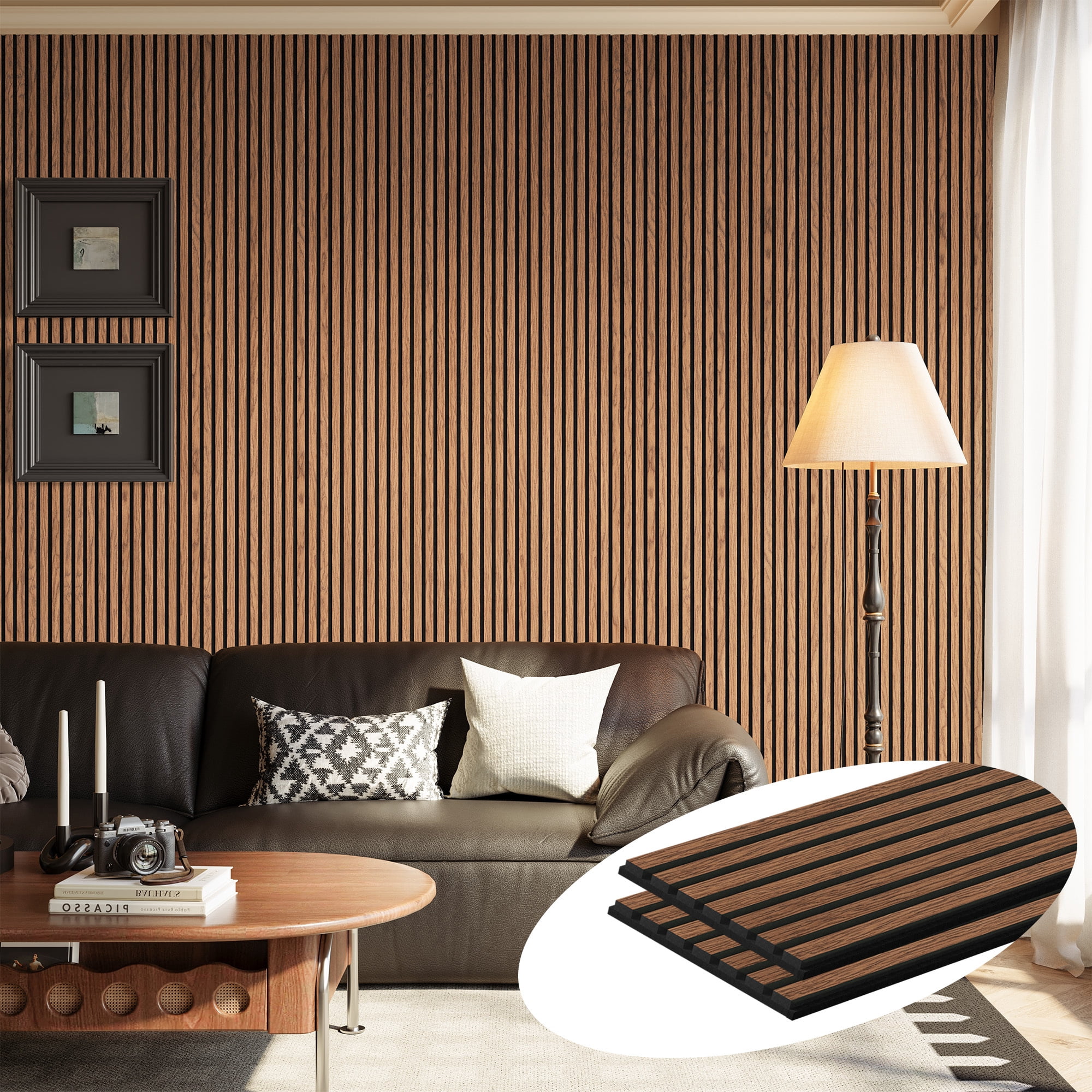 Plank & Hue 2Pcs 106"x12.6" Wood Slat Acoustic Wall Panels, 3D Fluted Soundproof Decorative Panels for Interior Walls, Classic Brown
