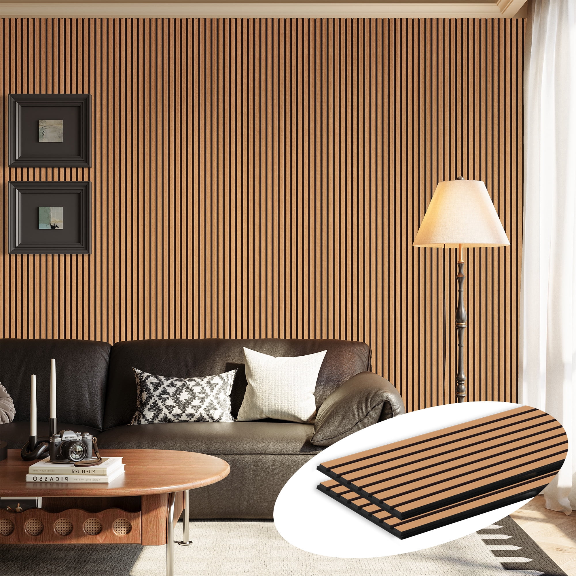 Plank & Hue 2Pcs 106"x12.6" Wood Slat Acoustic Wall Panels, 3D Fluted Soundproof Decorative Panels for Interior Walls, Light Brown