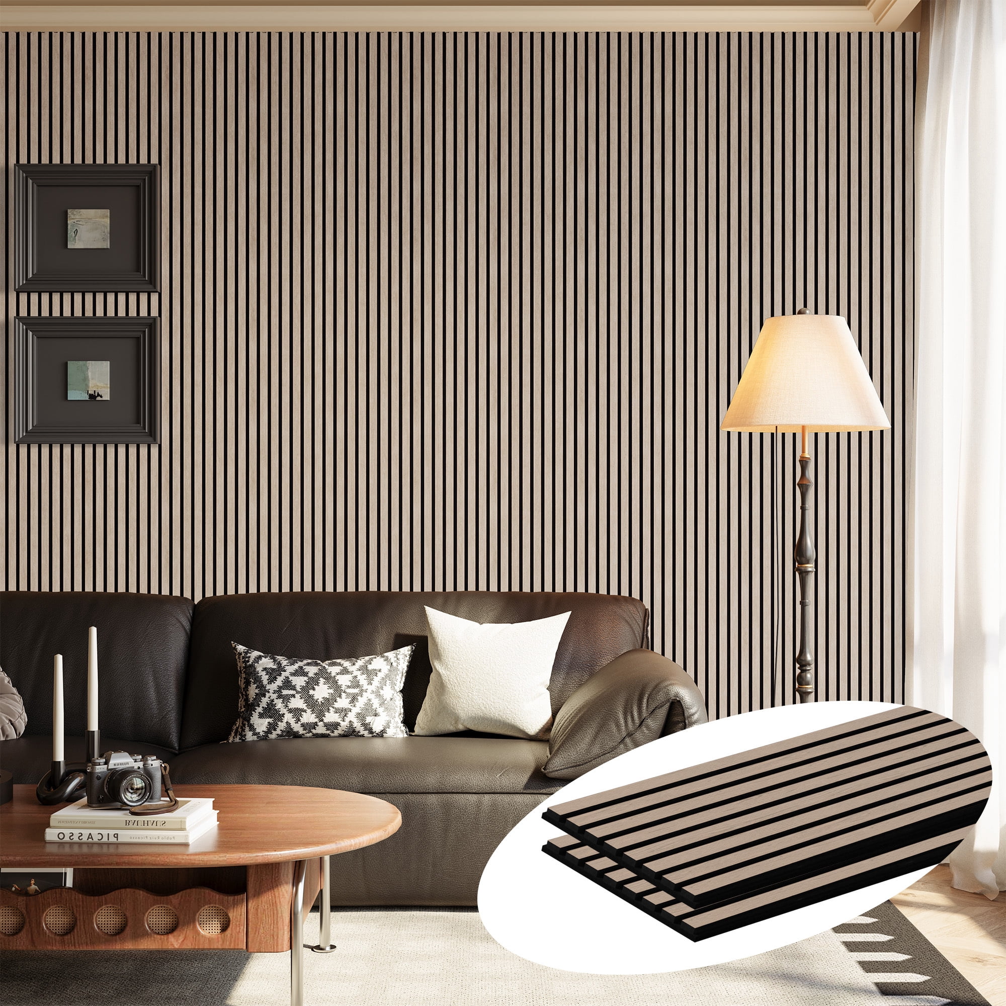 Plank & Hue 2Pcs 106"x12.6" Wood Slat Acoustic Wall Panels, 3D Fluted Soundproof Decorative Panels for Interior Walls, Walnut